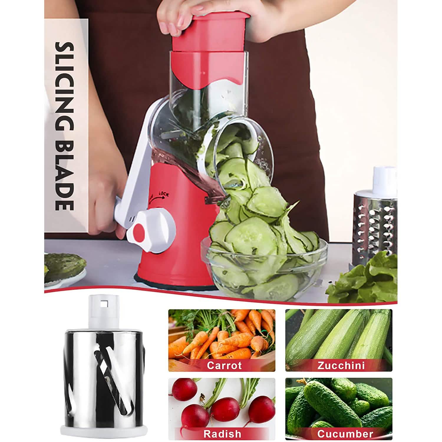 FAVIA Rotary Cheese Grater with Handle - Food Shredder with 3 Stainless Steel Drum Blades DailySale