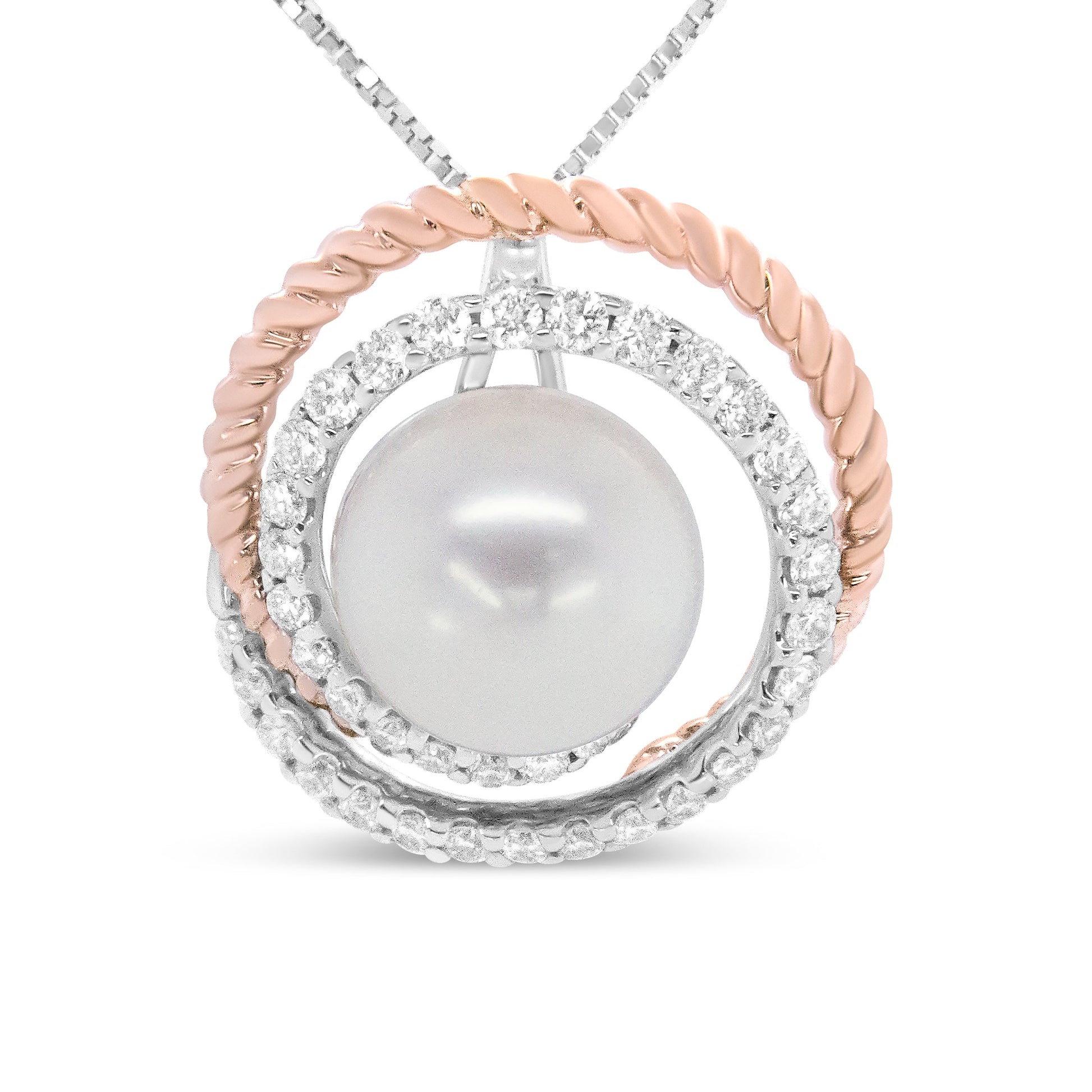 14K Rose and White Gold 3/8 Cttw Pave Diamond and 9mm Round Pearl Spiral Openwork 18" Pendant Necklace- (H-I Color, VS1-VS2 Clarity) Bids.com