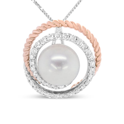 14K Rose and White Gold 3/8 Cttw Pave Diamond and 9mm Round Pearl Spiral Openwork 18" Pendant Necklace- (H-I Color, VS1-VS2 Clarity) Bids.com