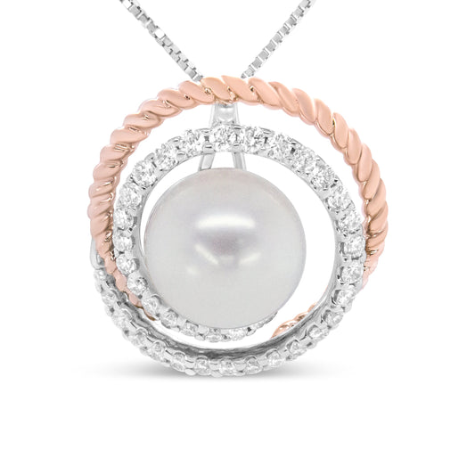 14K Rose and White Gold 3/8 Cttw Pave Diamond and 9mm Round Pearl Spiral Openwork 18" Pendant Necklace- (H-I Color, VS1-VS2 Clarity) Bids.com