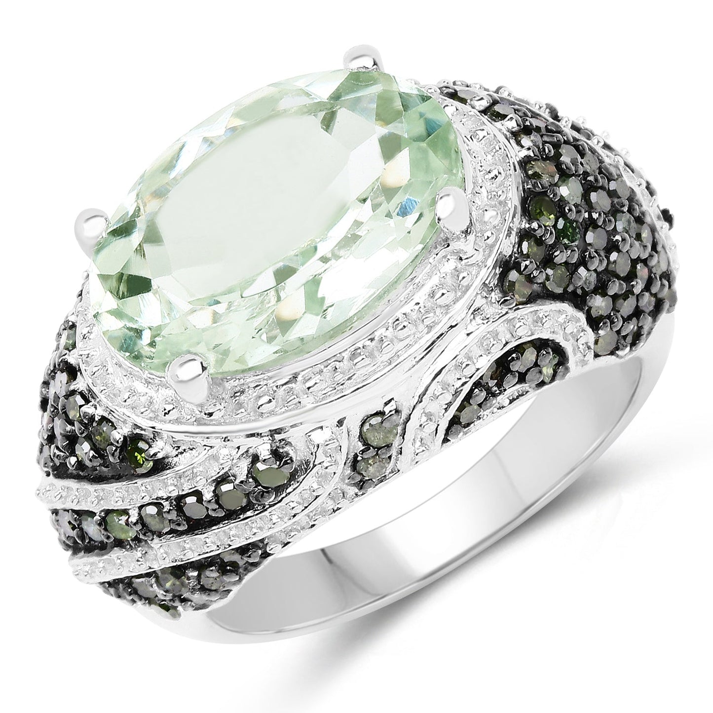 5.98 Carat Genuine Green Amethyst & Green Diamond .925 Sterling Silver Ring Bids.com