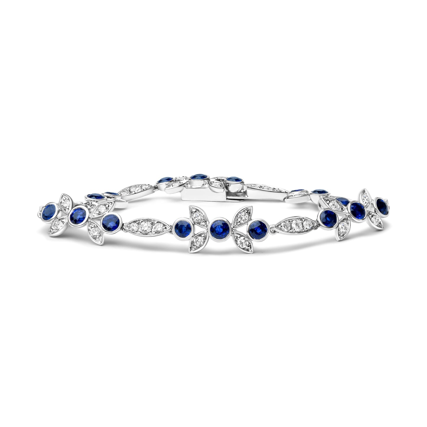 18K White Gold 1 3/4 Cttw Diamond and 3x3mm Round Blue Sapphire Gemstone Floral Link Bracelet (G-H Color, SI1-SI2 Clarity) - Size 7" Bids.com