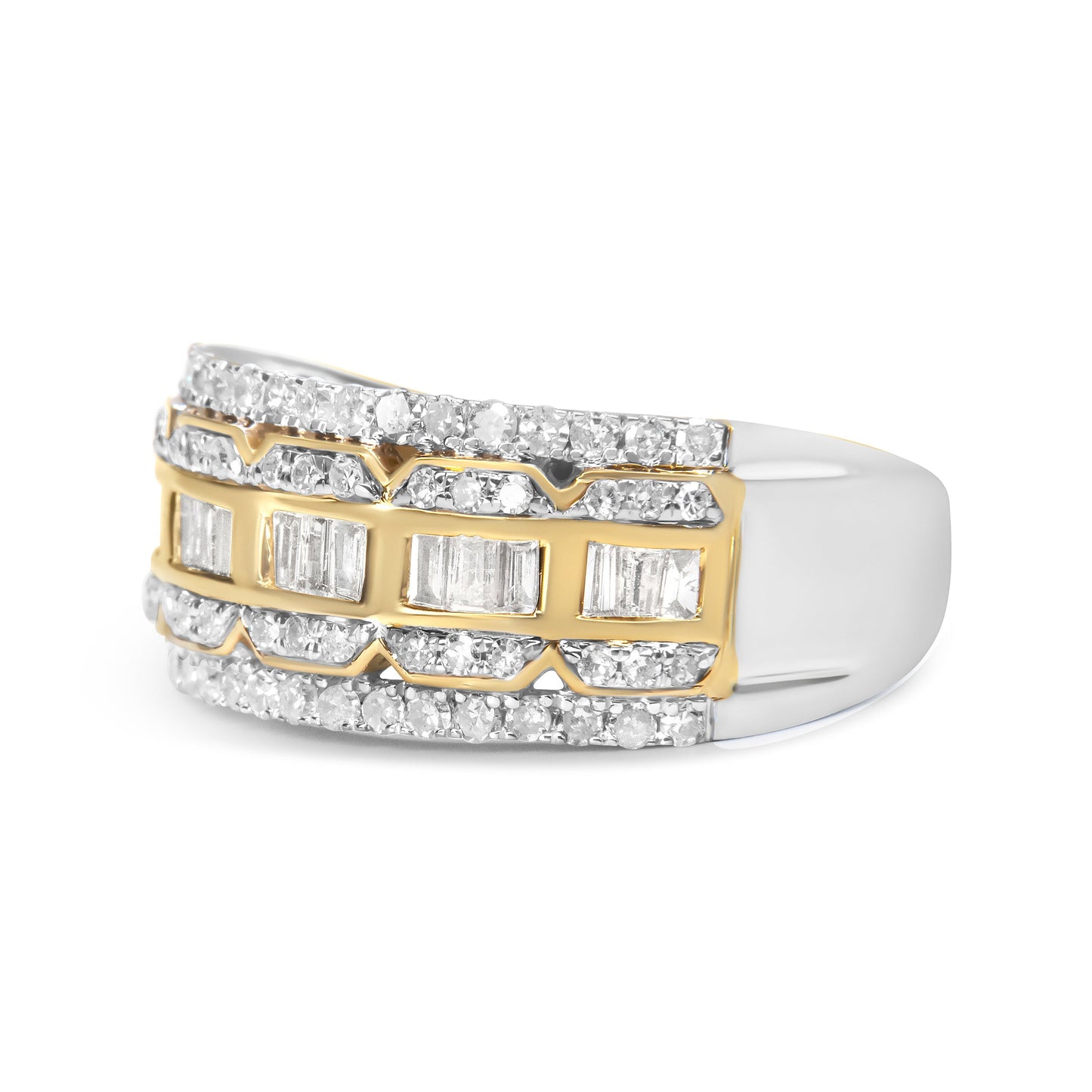 10K White and Yellow Gold 1.00 Cttw Baguette and Round cut Diamond Art Deco Multi-Row Ring Band (I-J Color, I1-I2 Clarity) - Ring Size 7 Bids.com