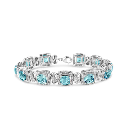 .925 Sterling Silver 7x7 mm Cushion Cut Blue Topaz and 1/10 Ctw Single Cut Diamond Square Shape Tennis Bracelet (I-J Color, I1-I2 Clarity) - 7" Bids.com