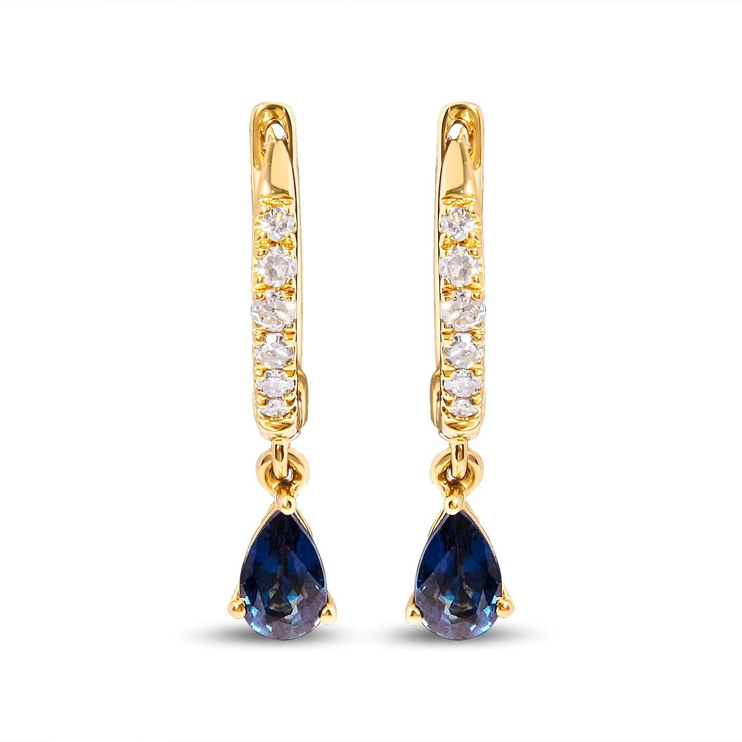 10K Yellow Gold Pear Blue Sapphire and 1/10 Cttw Diamond Drop and Dangle Huggy Hoop Earrings (H-I Color, I1-I2 Clarity) Bids.com