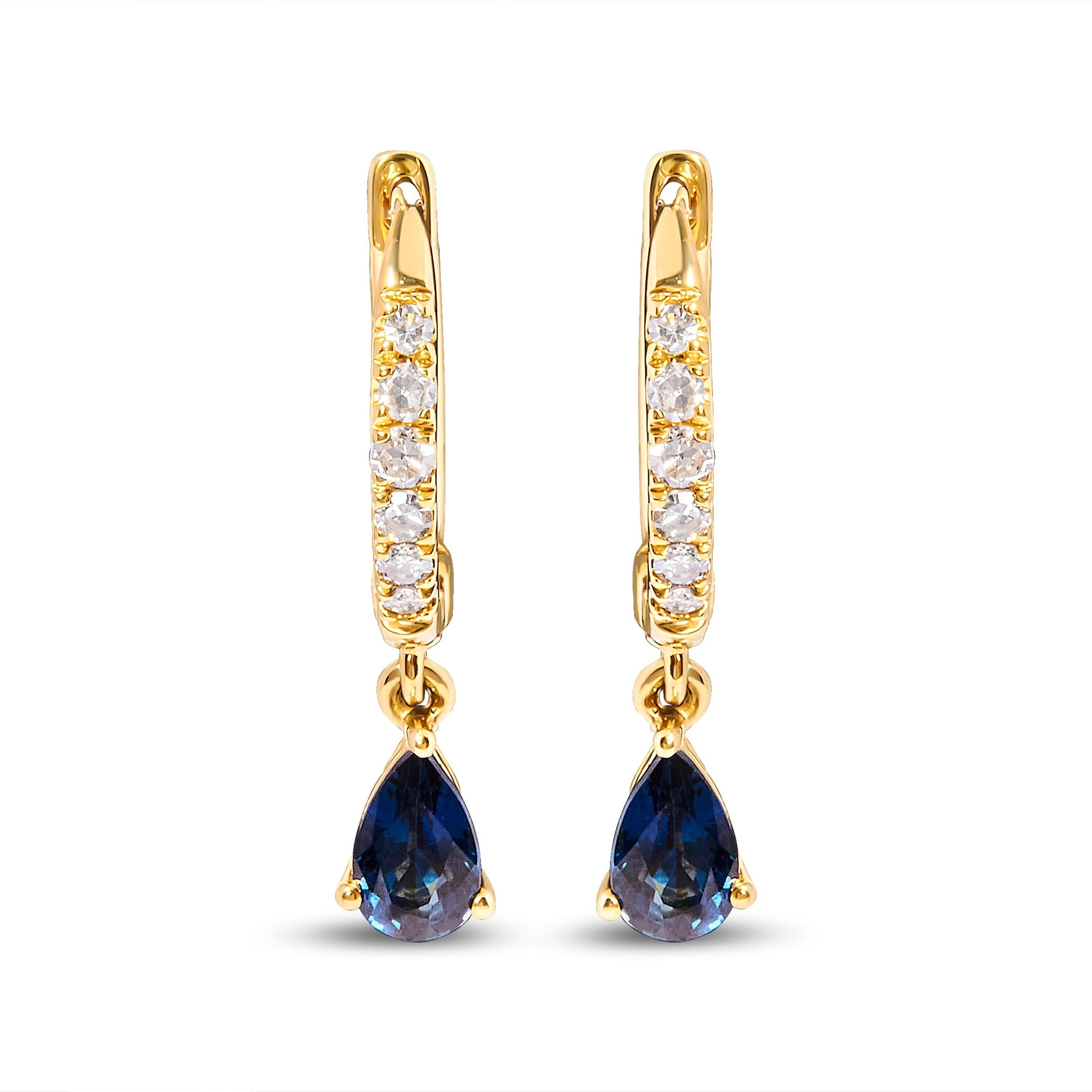 10K Yellow Gold Pear Blue Sapphire and 1/10 Cttw Diamond Drop and Dangle Huggy Hoop Earrings (H-I Color, I1-I2 Clarity) Bids.com