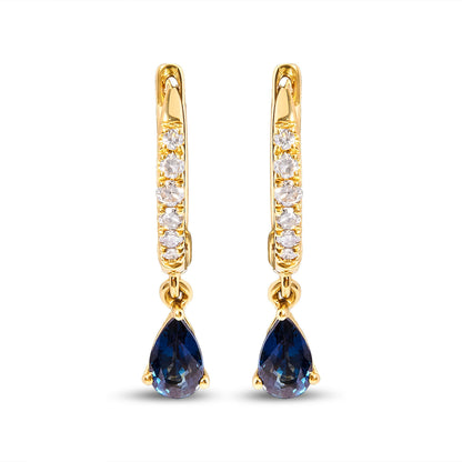 10K Yellow Gold Pear Blue Sapphire and 1/10 Cttw Diamond Drop and Dangle Huggy Hoop Earrings (H-I Color, I1-I2 Clarity) Bids.com