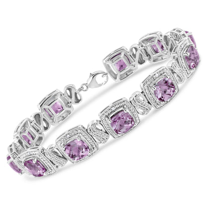 .925 Sterling Silver 7x7 mm Cushion Cut Purple Amethyst and 1/10 cttw Round Cut Diamond Square Shape Tennis Bracelet (I-J Color, I1-I2 Clarity) - 7" Bids.com