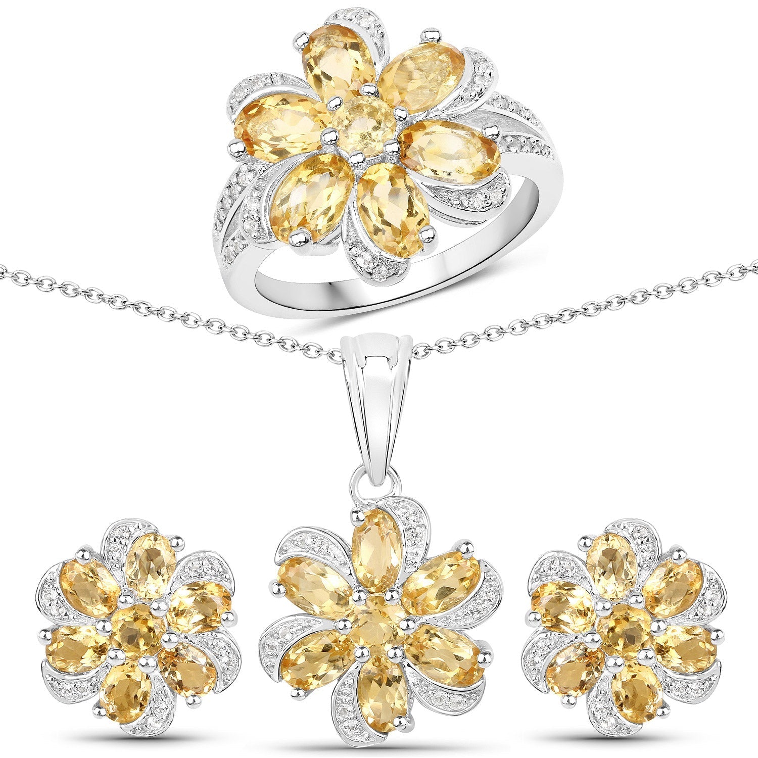 7.92 Carat Genuine Citrine and White Topaz .925 Sterling Silver 3 Piece Jewelry Set (Ring, Earrings, and Pendant w/ Chain) Bids.com