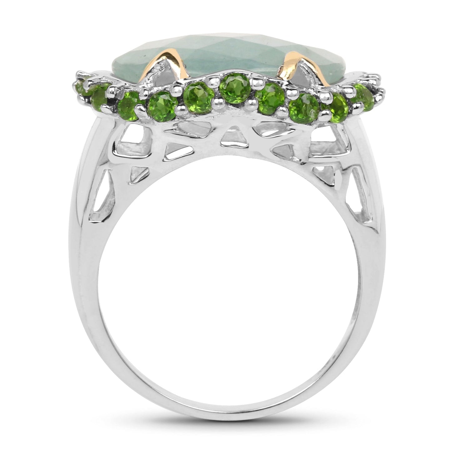 Two Tone Plated 9.12 Carat Genuine Milky Aquamarine and Chrome Diopside .925 Sterling Silver Ring Bids.com