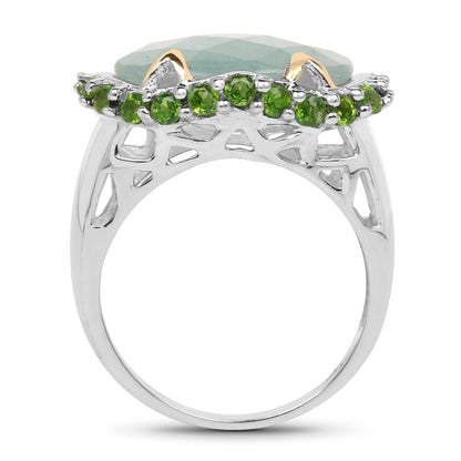Two Tone Plated 9.12 Carat Genuine Milky Aquamarine and Chrome Diopside .925 Sterling Silver Ring Bids.com