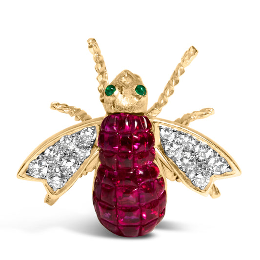 18K Yellow Gold 3/8 Cttw Diamond and 6 3/4 Cttw Red Ruby Bumblebee Brooch Pin (F-G Color, VS2-SI1 Clarity) Bids.com