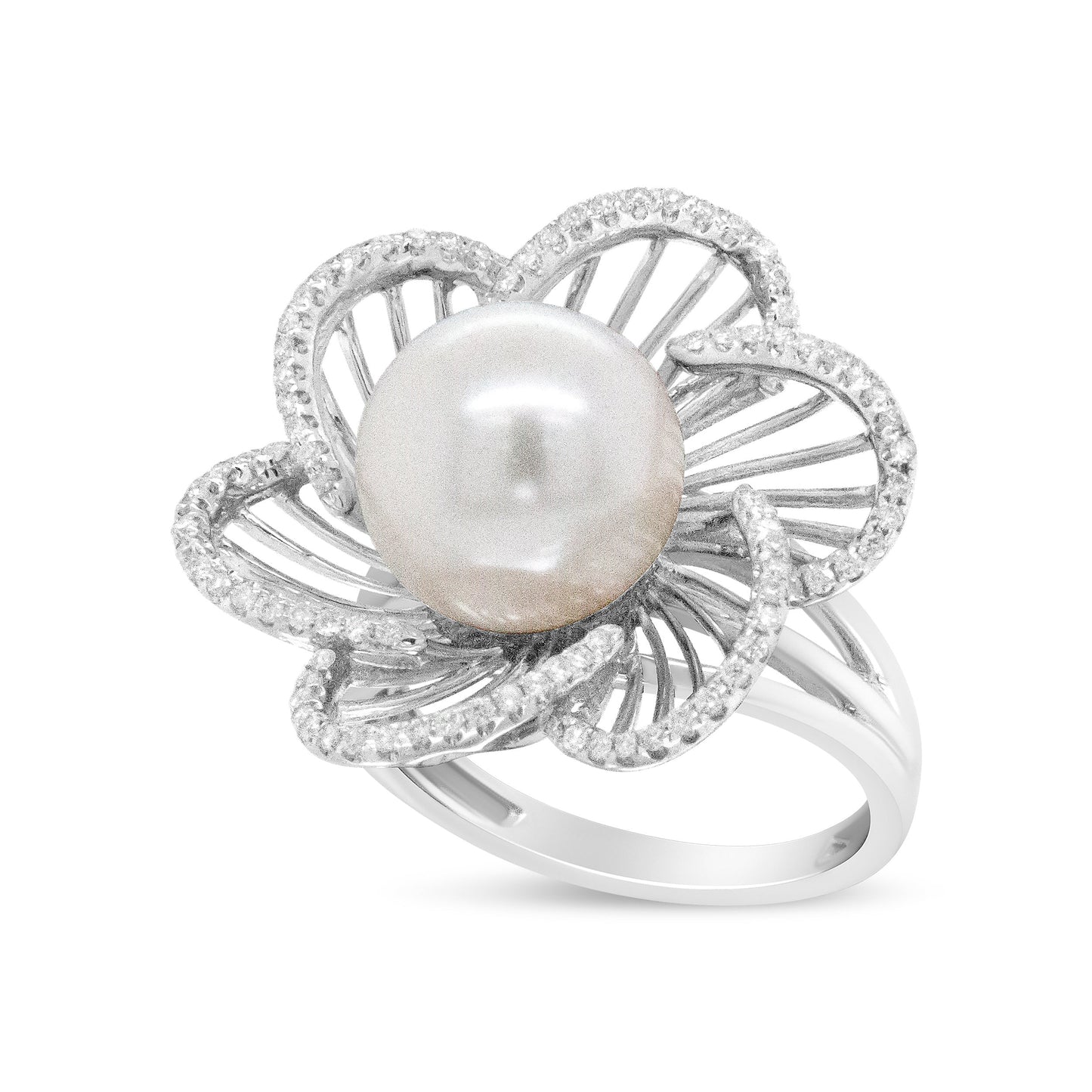 14K White Gold 11mm Round Pearl and 1/3 Cttw Round Diamond Openwork Flower Blossom Ring (H-I Color, VS1-VS2 Clarity) - Size 6.50 Bids.com