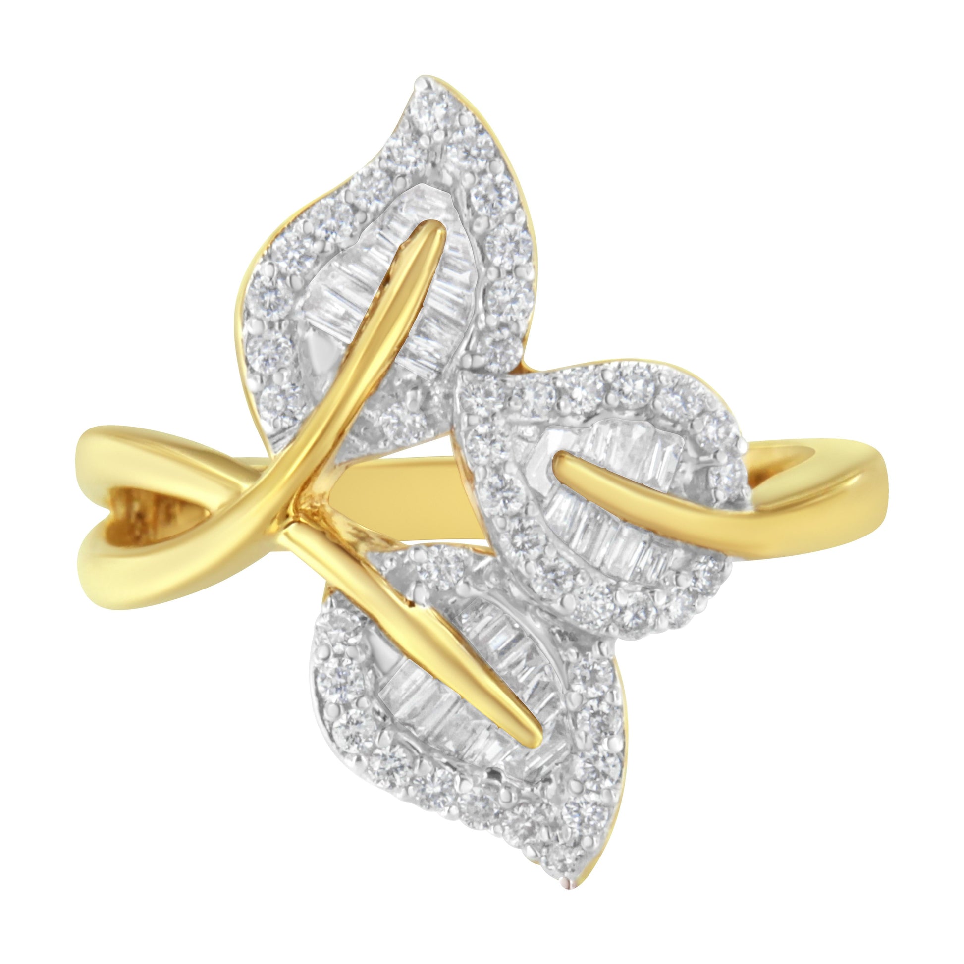 10k Yellow and White Gold 1/2 Cttw Baguette and Round Diamond Bypass Triple Leaf Ring (I-J Color, I1-I2 Clarity) - Size 7 Bids.com