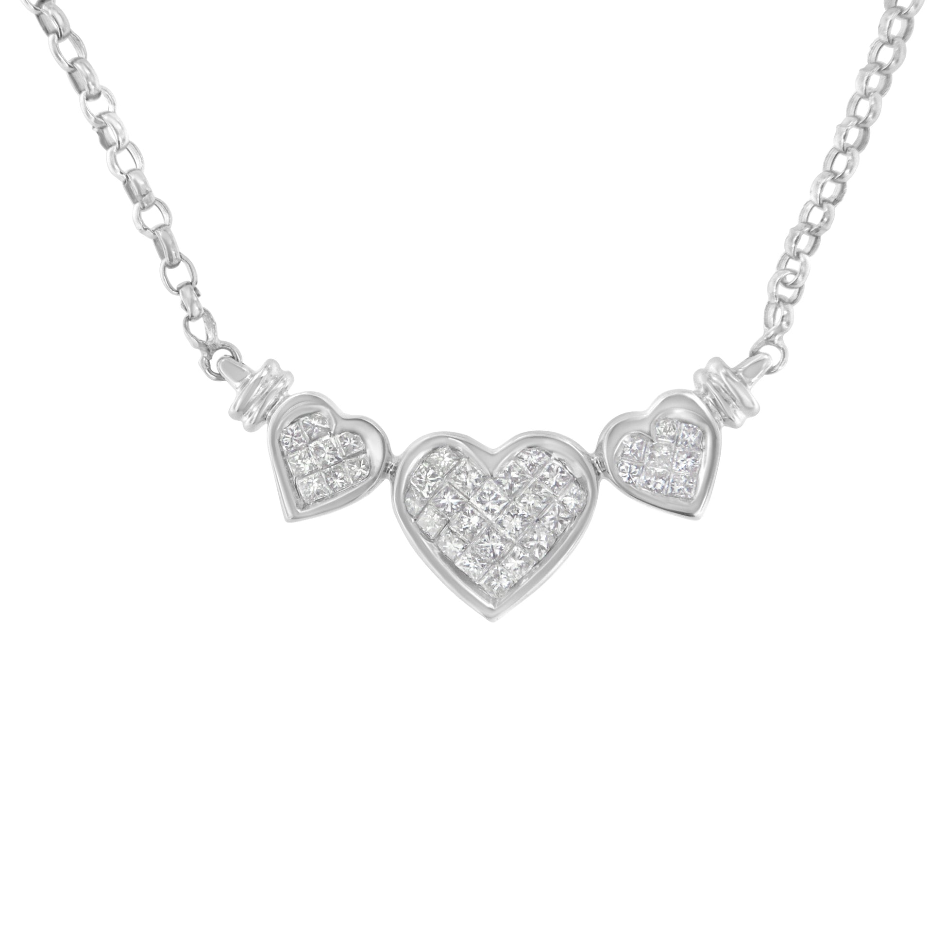 14K White Gold 1.0 Cttw Princess Cut Diamond Three Heart 18" Statement Pendant Necklace (H-I Color, SI2-I1 Clarity) Bids.com
