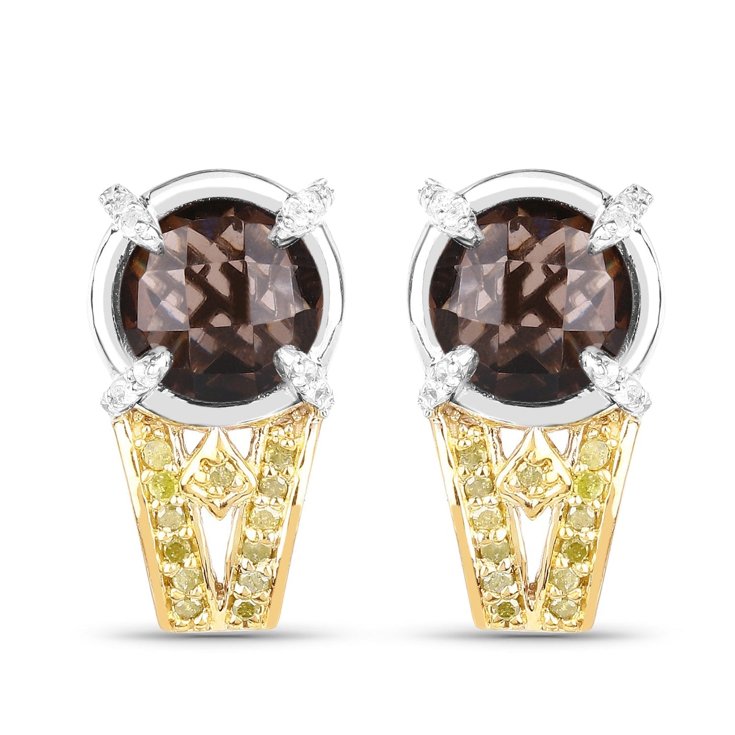 3.75 Carat Genuine Smoky Quartz, Yellow Diamond and White Diamond .925 Sterling Silver Earrings Bids.com