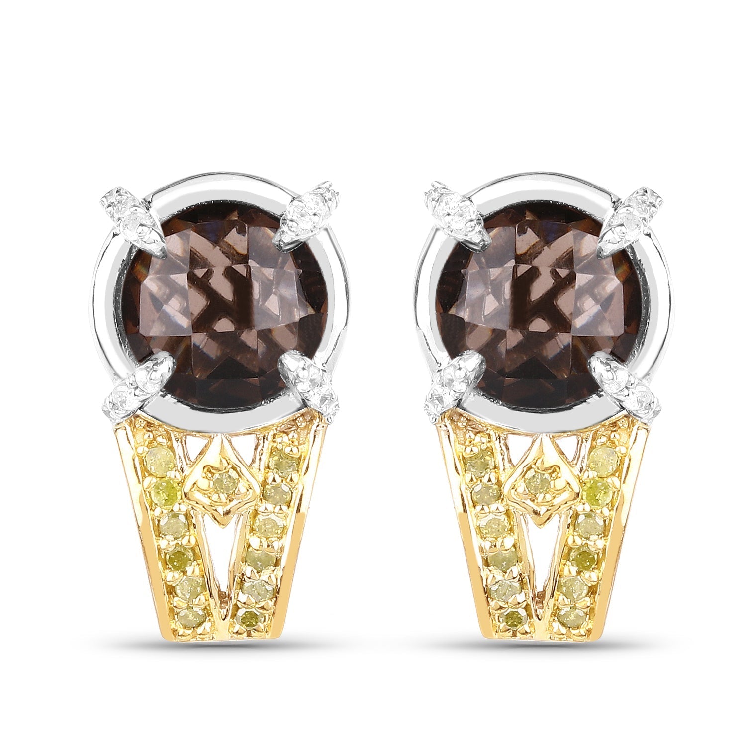 3.75 Carat Genuine Smoky Quartz, Yellow Diamond and White Diamond .925 Sterling Silver Earrings Bids.com
