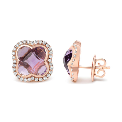 18K Rose Gold 3/8 Cttw Diamond and 11x11mm Clover-Cut Purple Amethyst Gemstone Clover Halo Stud Earrings (G-H Color, SI1-SI2 Clarity) Bids.com