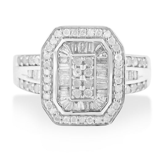 .925 Sterling Silver 1.0 Cttw Round and Baguette Cut Diamond Elongated Octagon Shaped Cocktail Ring (H-I Color, I2-I3 Clarity) - Size 7 Bids.com