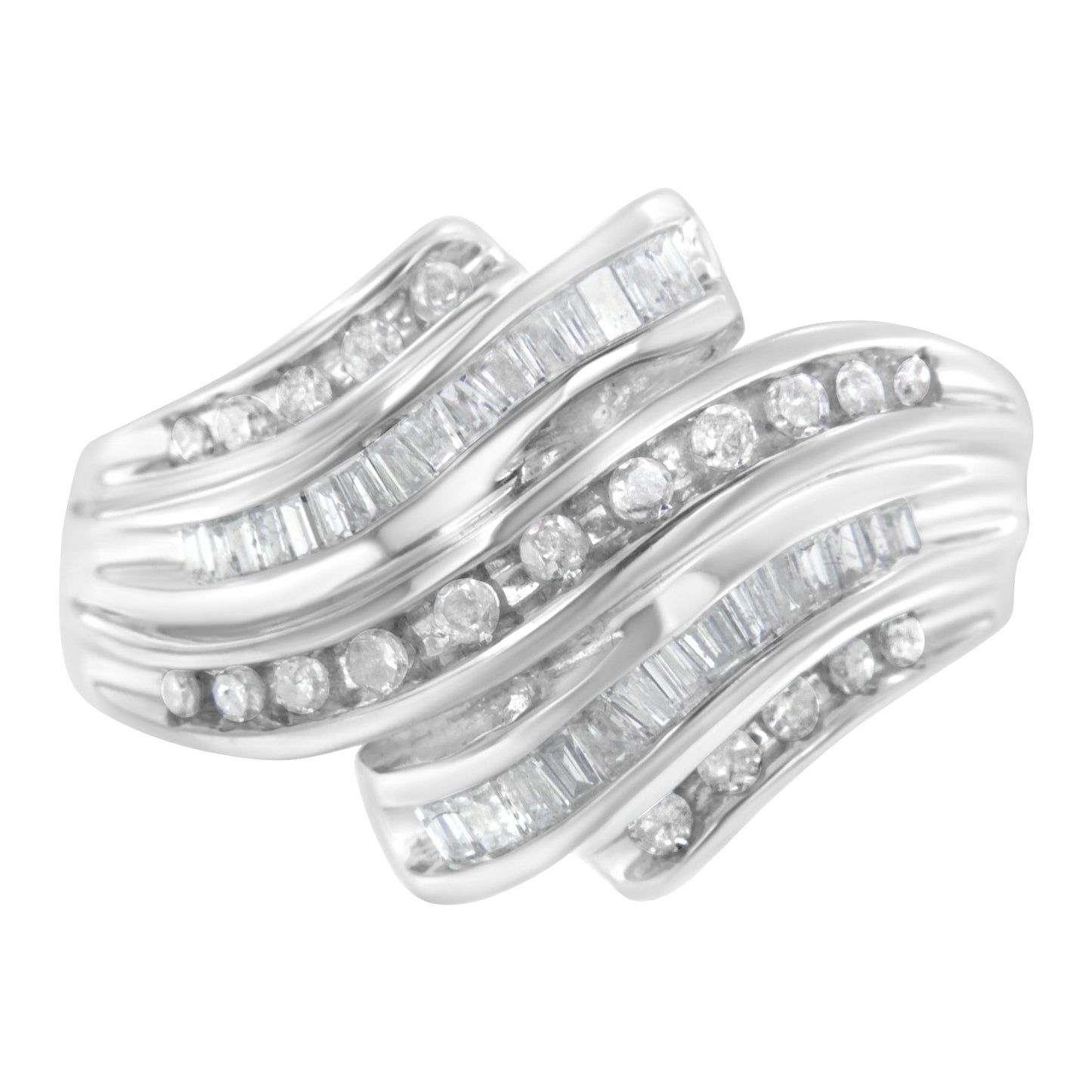 10K White Gold Round and Baguette Cut Diamond Channel Ring (3/4 Cttw, H-I Color, SI2-I1 Clarity) - Size 7 Bids.com