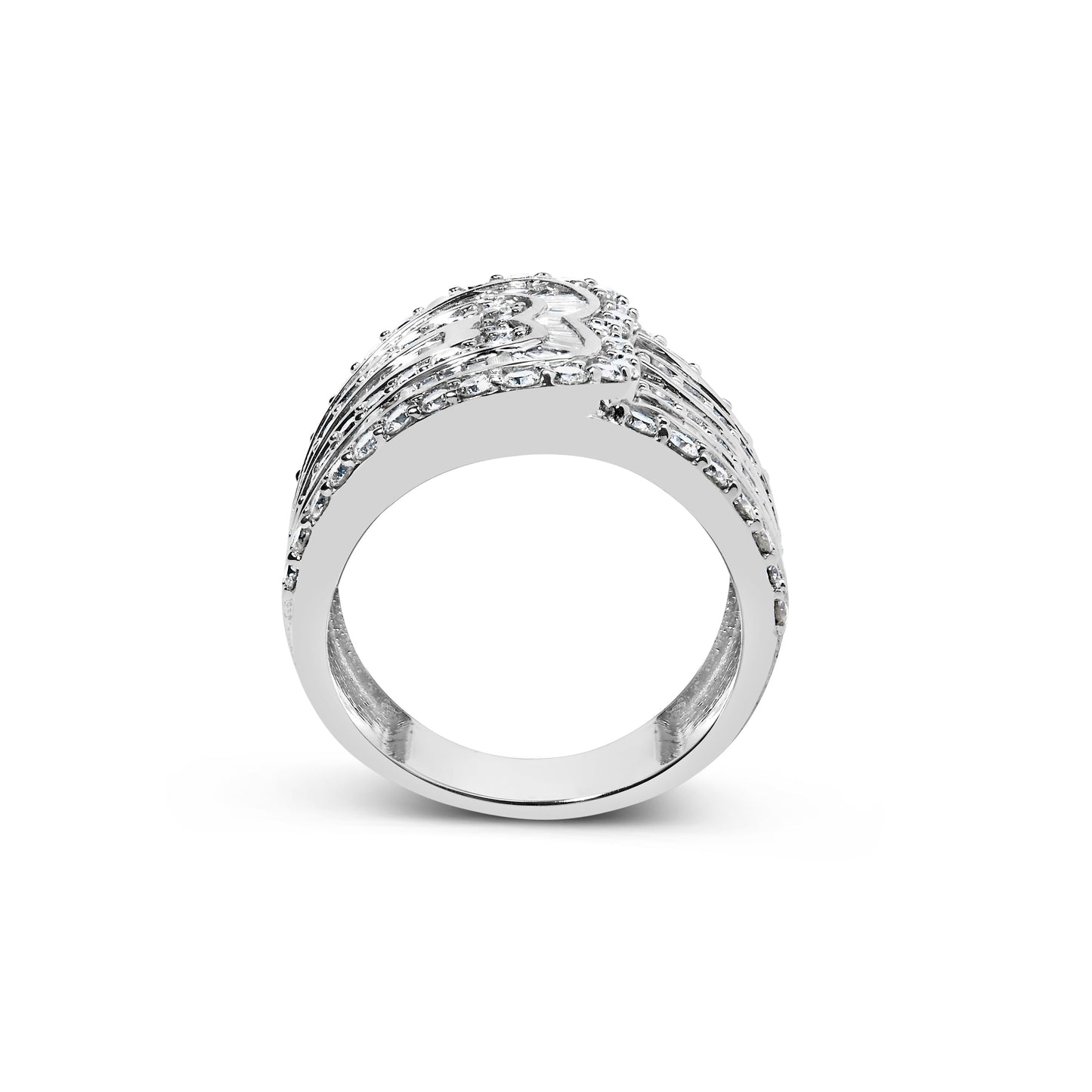 10K White Gold 2 1/2 Cttw Round and Baguette-Cut Diamond Multi-Row Bypass Ring (J-K Color, I2-I3 Clarity) - Ring Size 7 Bids.com