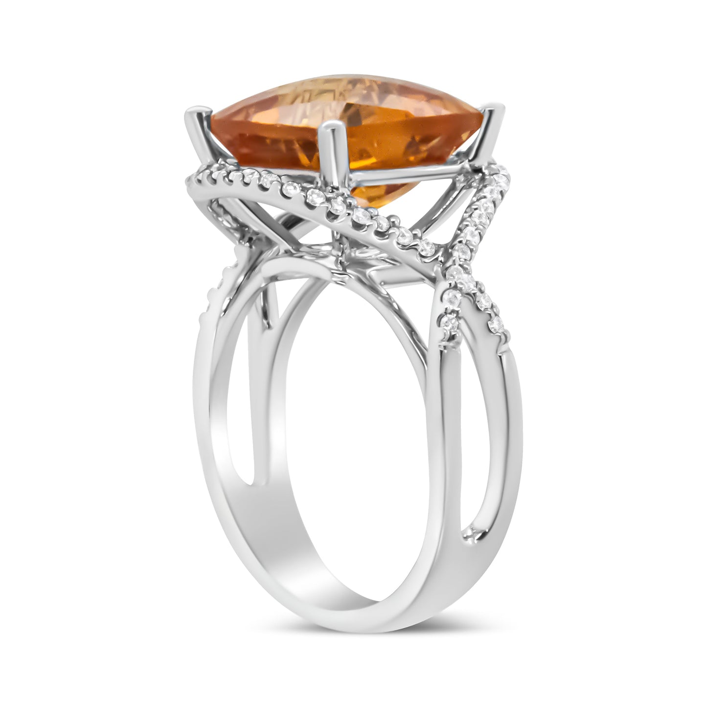 14K White Gold 12mm Cushion Cut Yellow Citrine Gemstone and 1/3 Cttw Round Pave-Set Diamond Ring - (H-I Color, VS1-VS2 Clarity)- Size 6.5 Bids.com