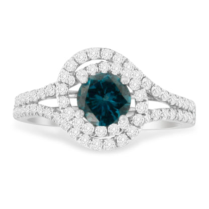 14K White Gold 1-1/3 Cttw White & Blue Diamond Interweaving Double Halo Cocktail Statement Ring (G-H and Fancy Blue Color, SI2-I1 Clarity) - Size 6 Bids.com