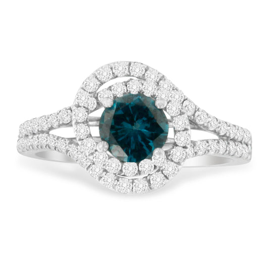 14K White Gold 1-1/3 Cttw White & Blue Diamond Interweaving Double Halo Cocktail Statement Ring (G-H and Fancy Blue Color, SI2-I1 Clarity) - Size 6 Bids.com