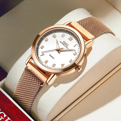 Women's Rose Gold Mesh Quartz Watch Slim Luminous Waterproof BandsCo Straps
