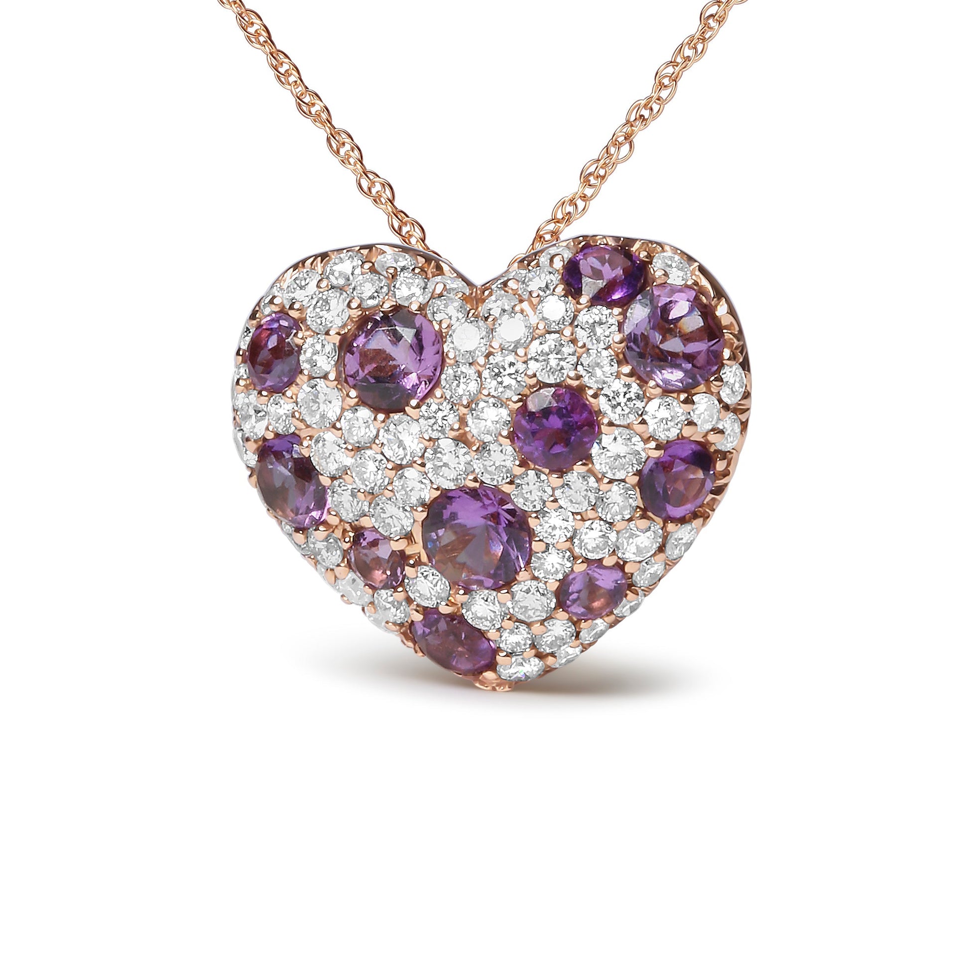 18K Rose Gold 3/4 Cttw Diamond and Purple Amethyst Cluster Heart Shape 18" Pendant Necklace (G-H Color, SI1-SI2 Clarity) Bids.com