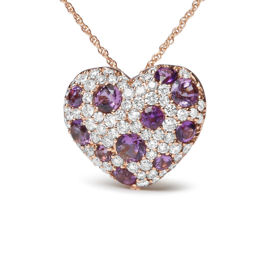 18K Rose Gold 3/4 Cttw Diamond and Purple Amethyst Cluster Heart Shape 18" Pendant Necklace (G-H Color, SI1-SI2 Clarity) Bids.com