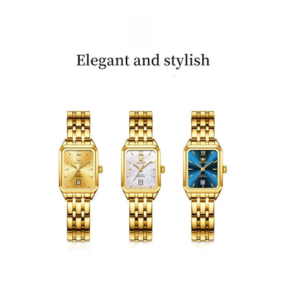 Women's Gold Stainless Steel Rectangular Dress Watch BandsCo Straps