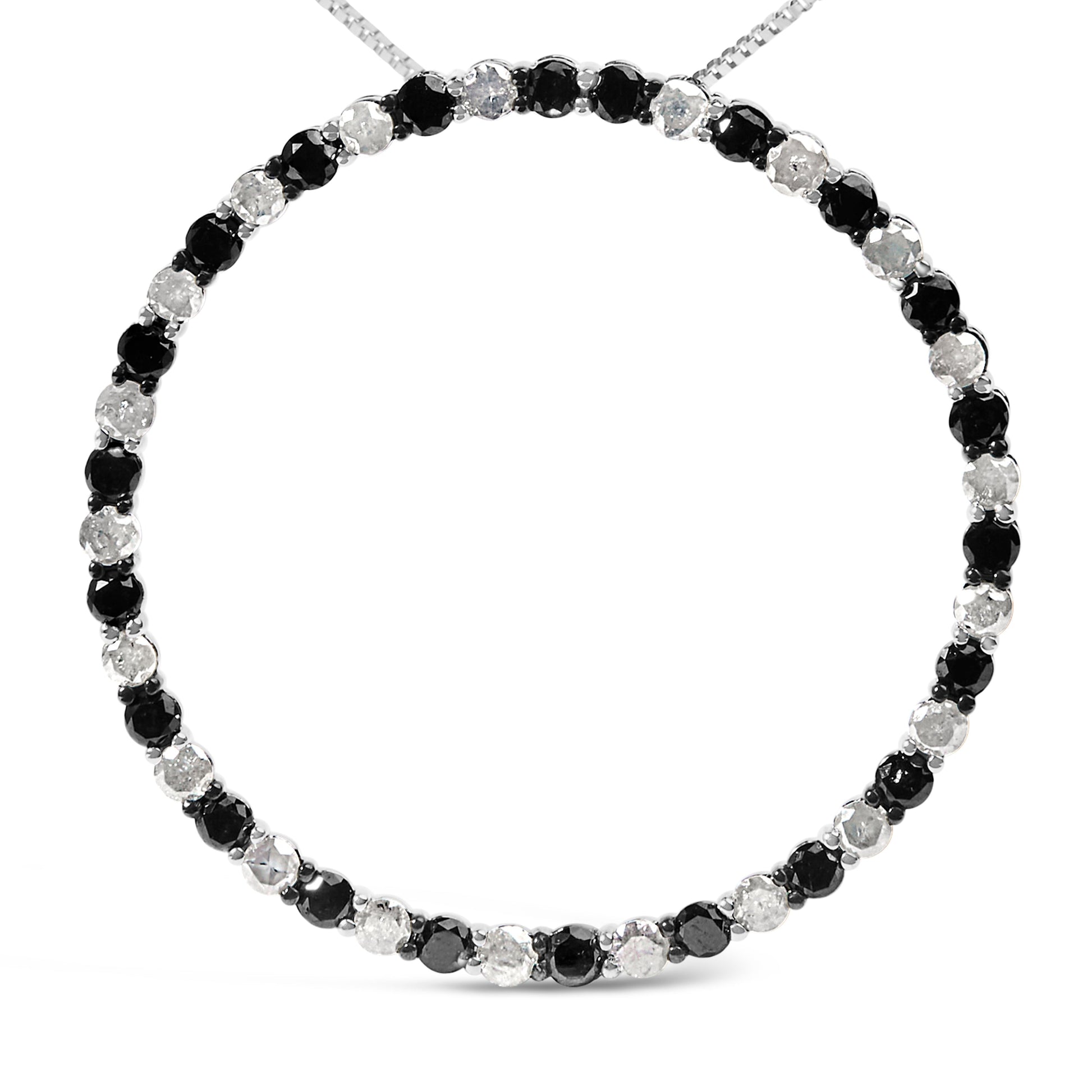 .925 Sterling Silver 3.0 Cttw Alternating Black and White Diamond Open Hoop Circle Pendant Necklace (H-I Color, I3 Clarity) - 18" Inches Bids.com