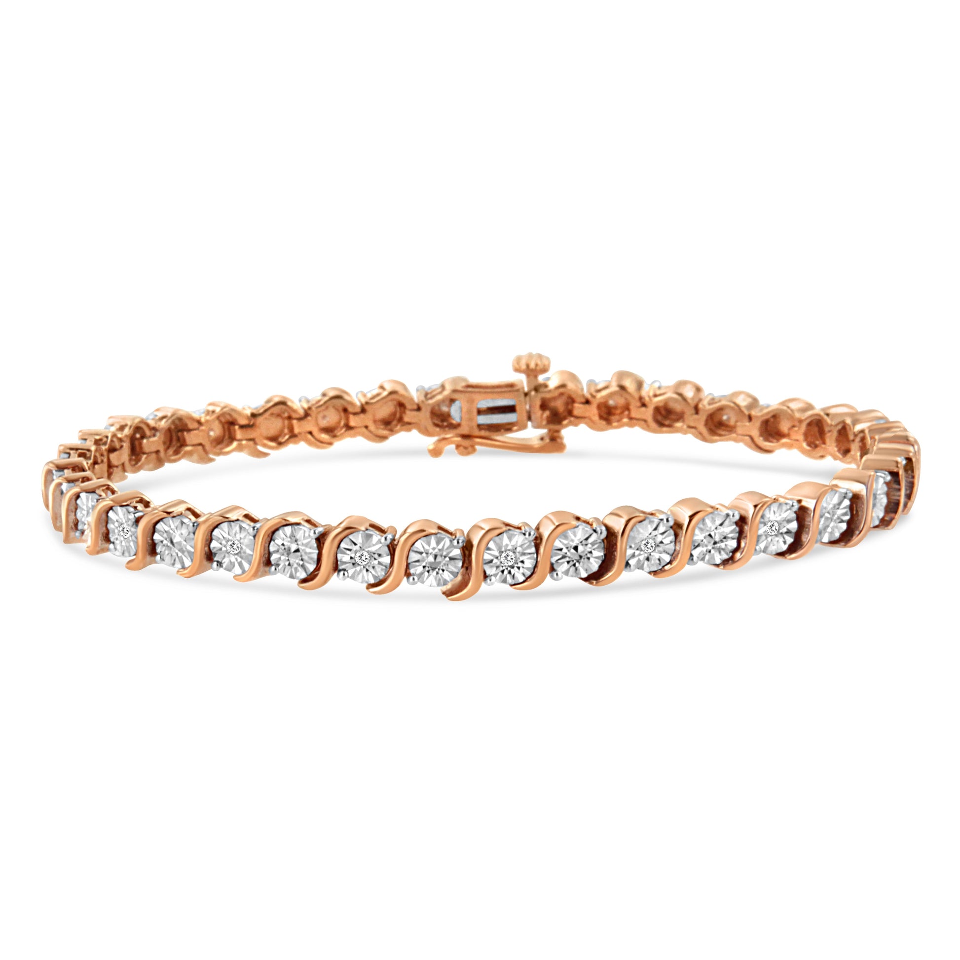 14K Rose Gold Plated .925 Sterling Silver 1/10 Cttw Diamond Round Miracle Plate and "S" Link Tennis Bracelet (I-J Color, I2- I3 Clarity) - 7" Bids.com
