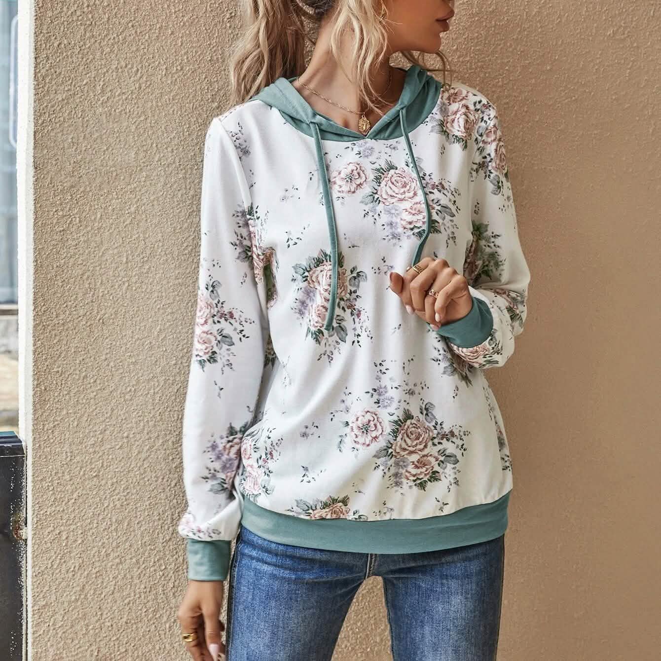 Floral Print Drawstring Hoodie DailySale