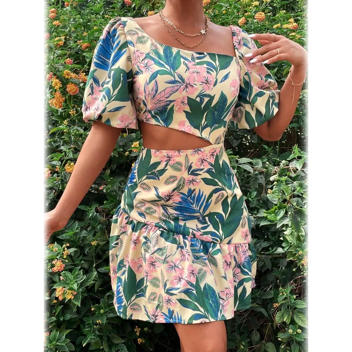 Floral Print Lantern Sleeve Cut Out Asymmetrical Neck Ruffle Hem Dress DailySale