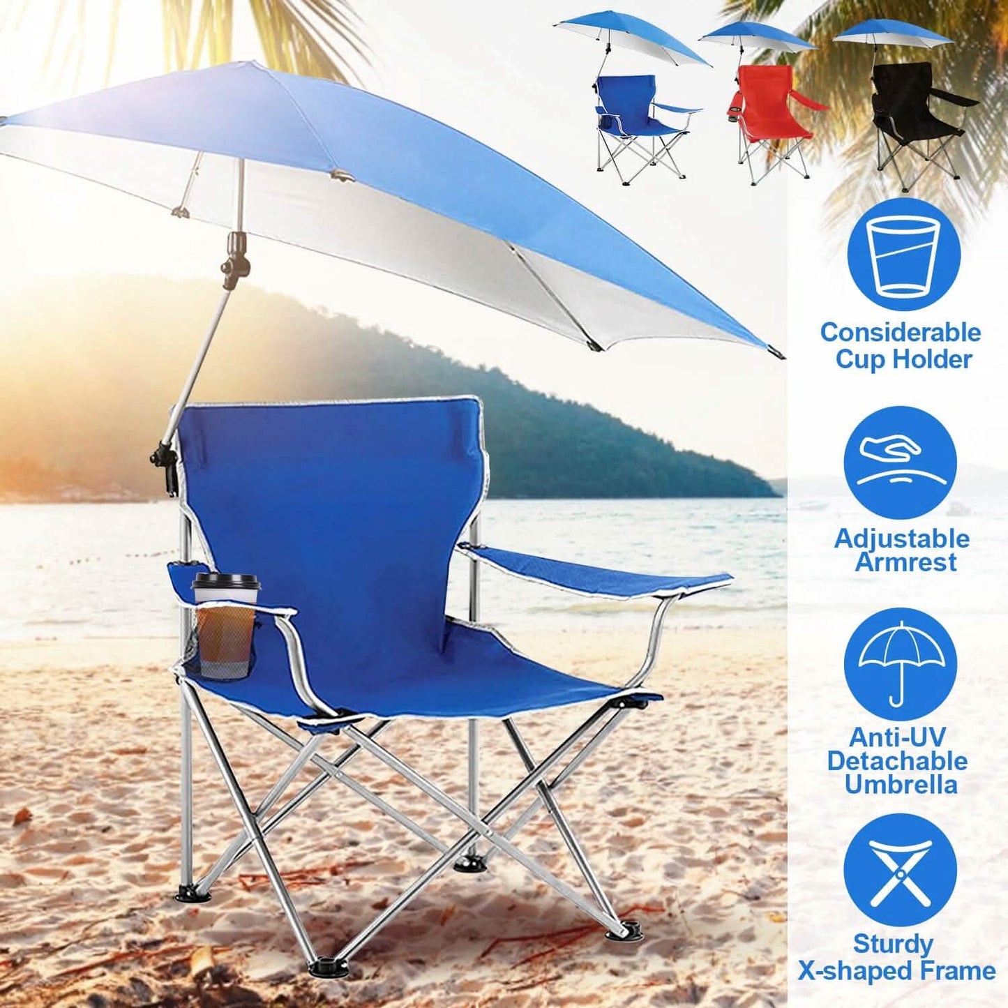 Foldable Beach Chair with Detachable Armrest Adjustable Canopy Stool with Cup Holder DailySale