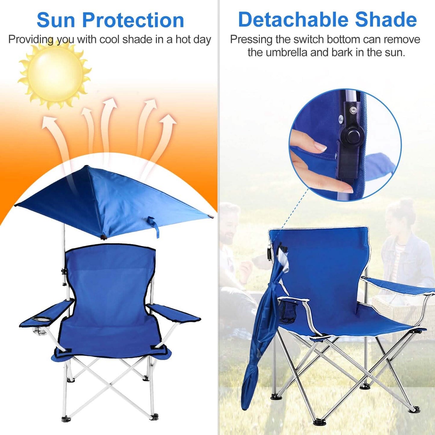 Foldable Beach Chair with Detachable Armrest Adjustable Canopy Stool with Cup Holder DailySale