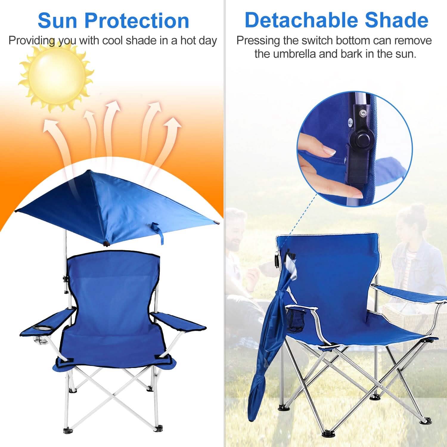 Foldable Beach Chair with Detachable Armrest Adjustable Canopy Stool with Cup Holder DailySale