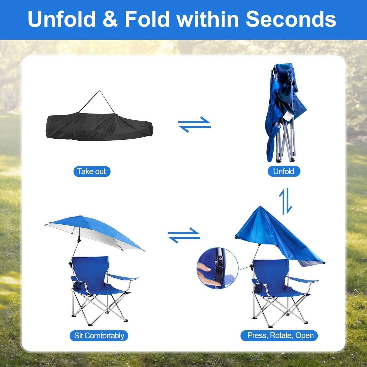 Foldable Beach Chair with Detachable Armrest Adjustable Canopy Stool with Cup Holder DailySale