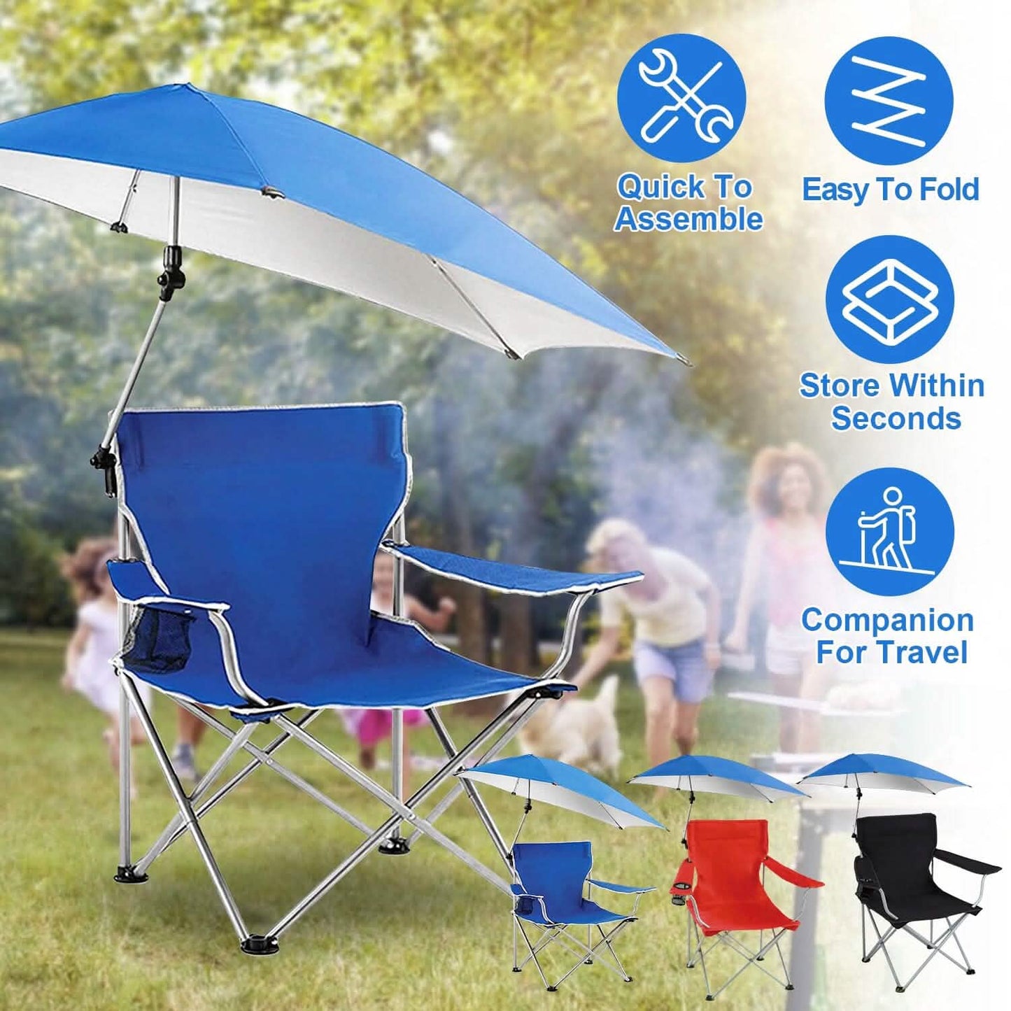 Foldable Beach Chair with Detachable Armrest Adjustable Canopy Stool with Cup Holder DailySale