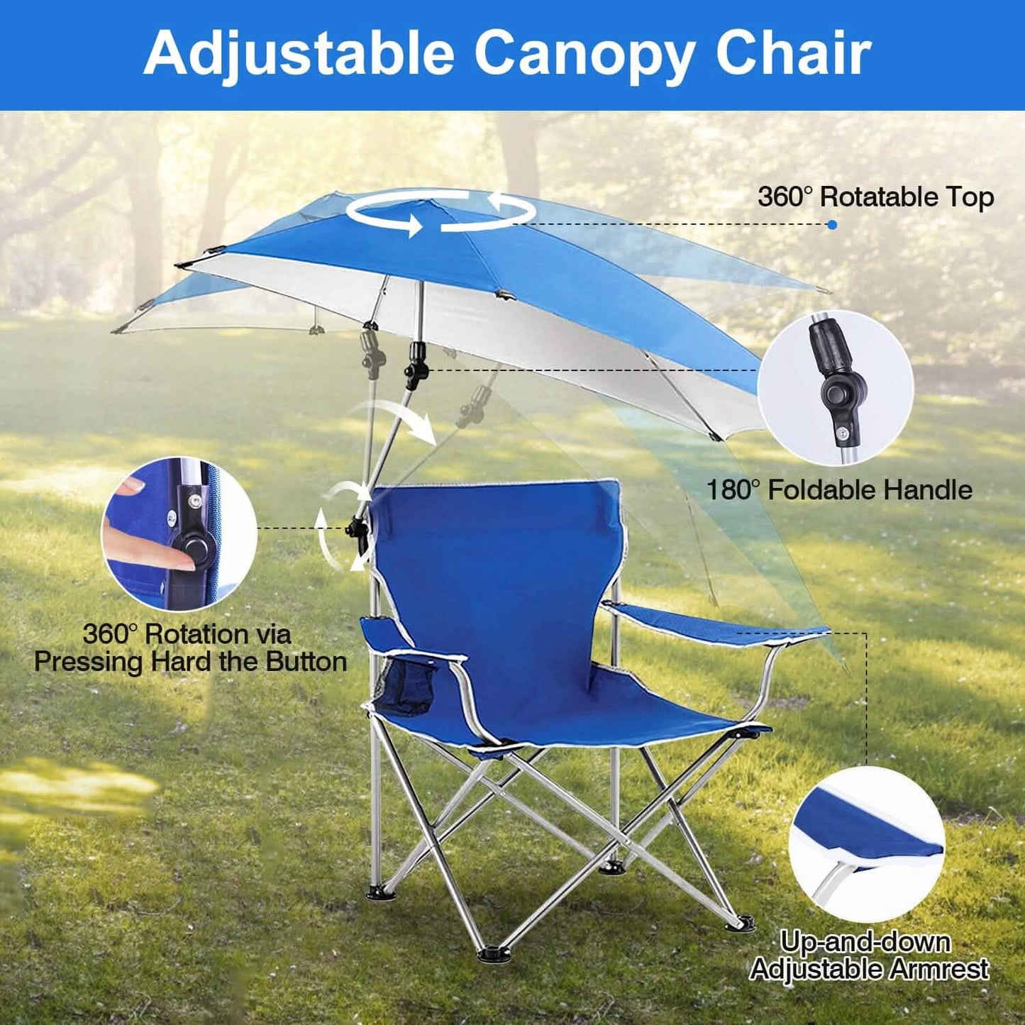Foldable Beach Chair with Detachable Armrest Adjustable Canopy Stool with Cup Holder DailySale