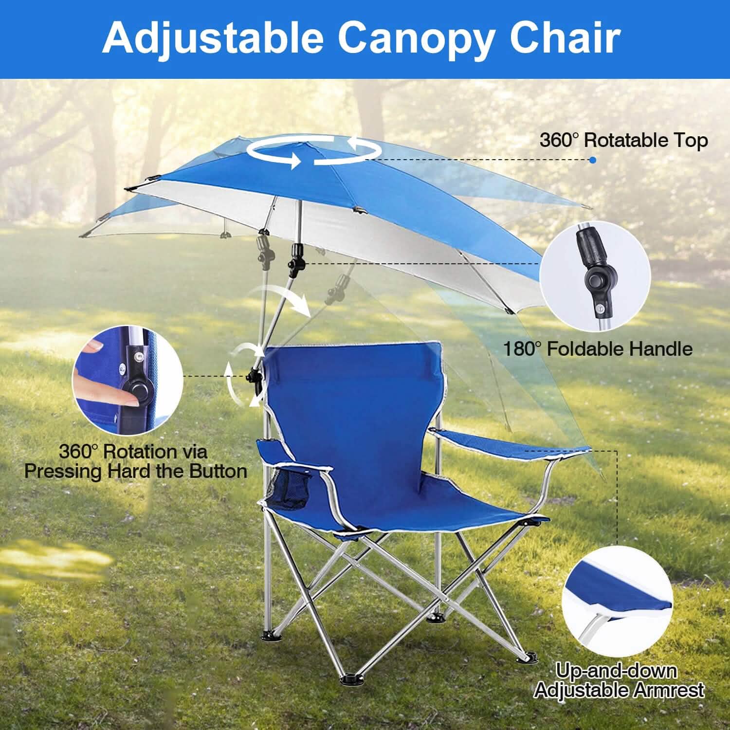 Foldable Beach Chair with Detachable Armrest Adjustable Canopy Stool with Cup Holder DailySale