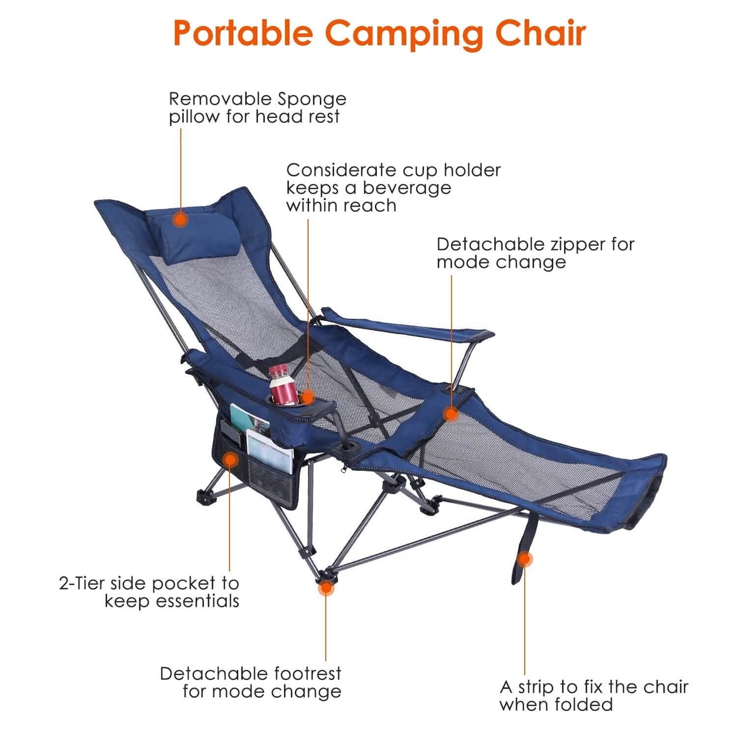 Foldable Camping Chair Heavy Duty Steel Lawn Chair with Reclining Backrest Angle DailySale