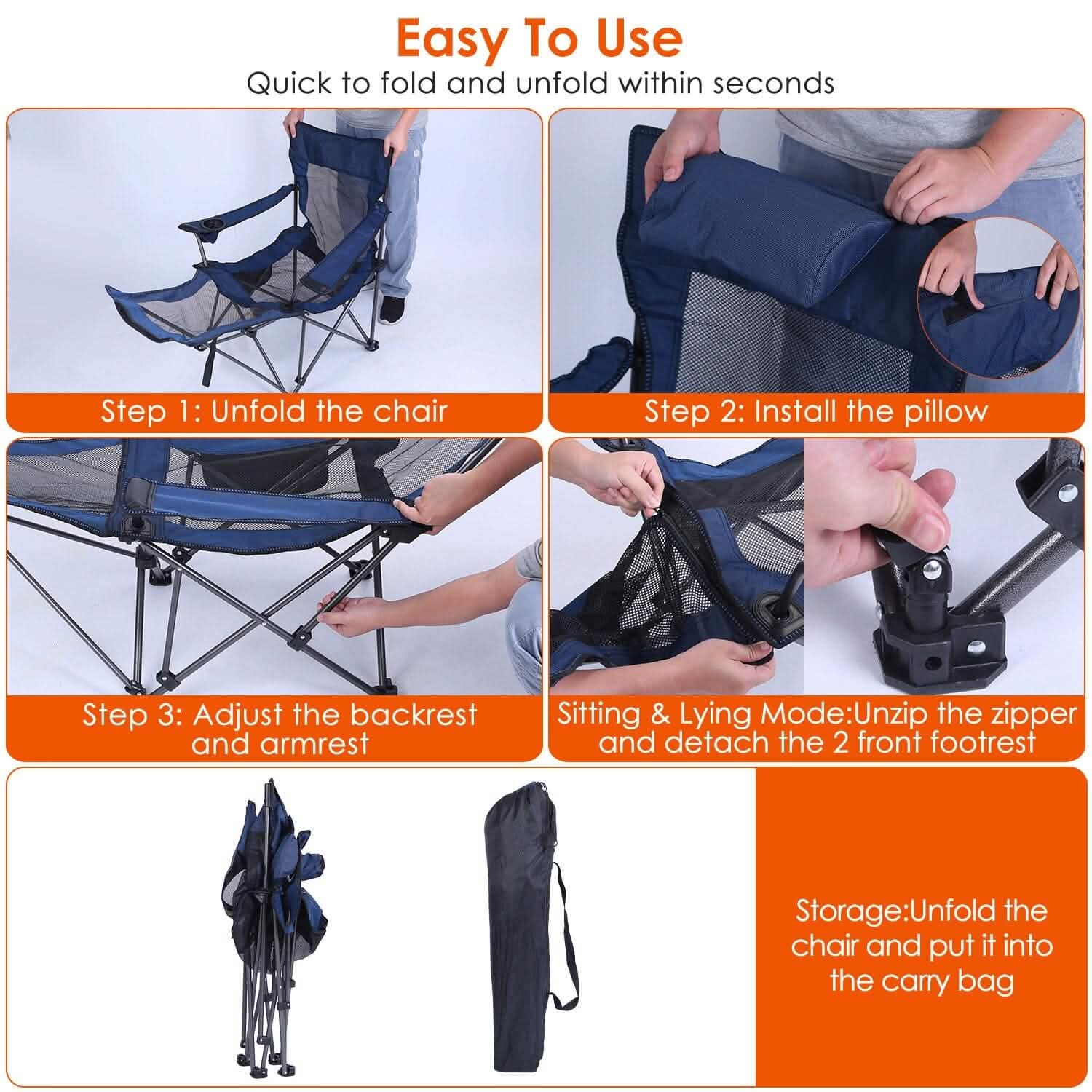 Foldable Camping Chair Heavy Duty Steel Lawn Chair with Reclining Backrest Angle DailySale
