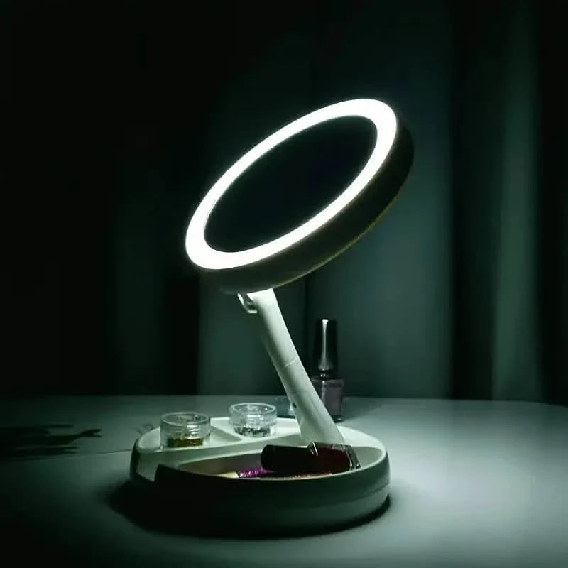 Foldable LED Vanity Mirror With Storage Box, Double-sided 1X & 10X Magnifying Retractable Mirror DailySale