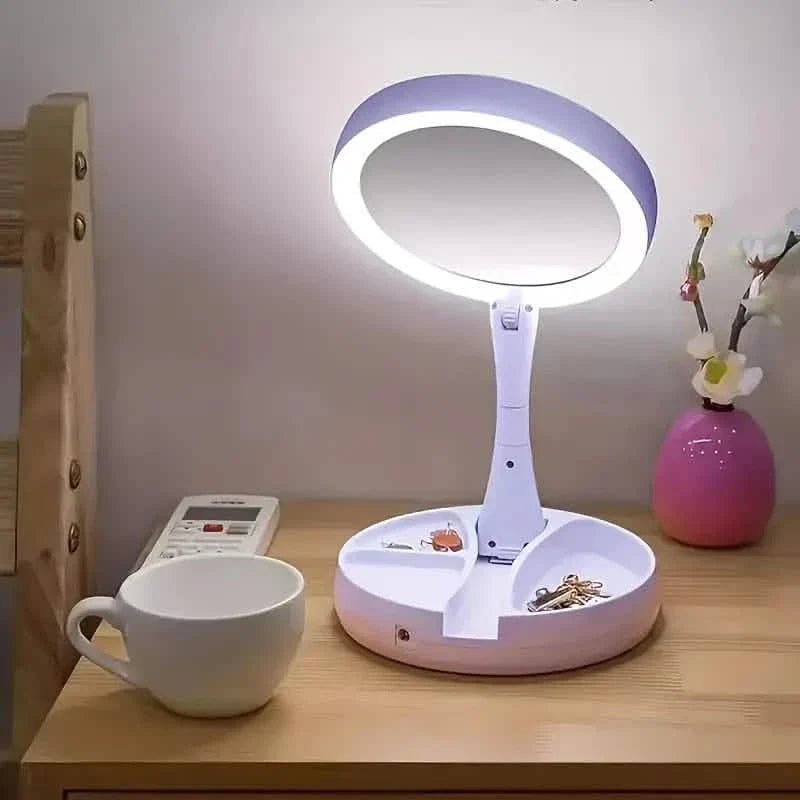 Foldable LED Vanity Mirror With Storage Box, Double-sided 1X & 10X Magnifying Retractable Mirror DailySale
