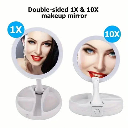 Foldable LED Vanity Mirror With Storage Box, Double-sided 1X & 10X Magnifying Retractable Mirror DailySale