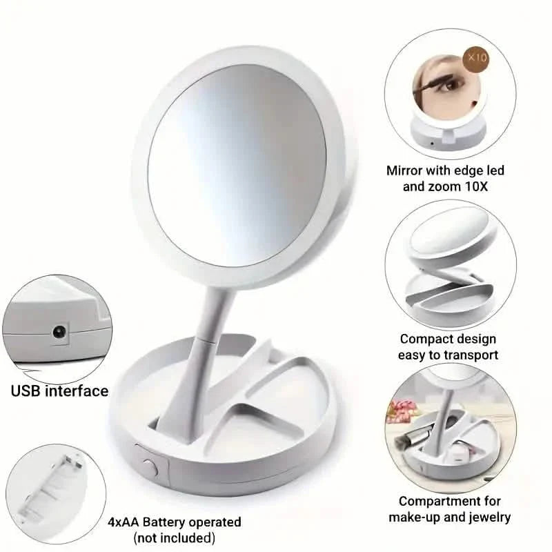 Foldable LED Vanity Mirror With Storage Box, Double-sided 1X & 10X Magnifying Retractable Mirror DailySale