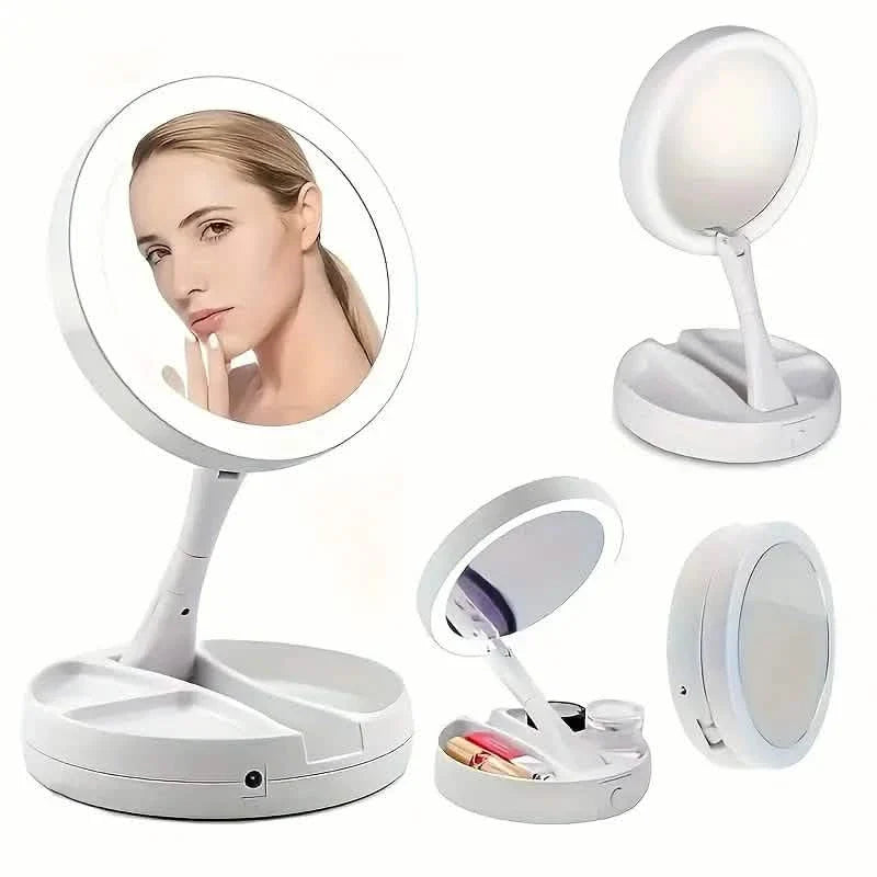 Foldable LED Vanity Mirror With Storage Box, Double-sided 1X & 10X Magnifying Retractable Mirror DailySale